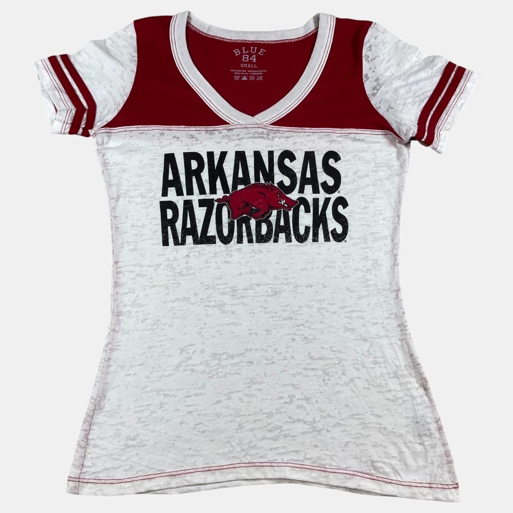 Blue 84‎ Shirt Arkansas Razorbacks White Red V-Neck Athletic Women's Small New